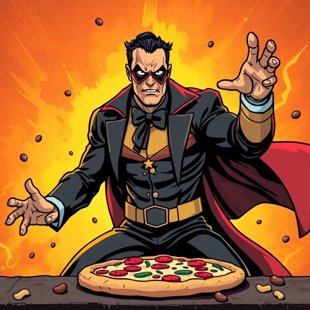 A superhero in a black cape, holding a pizza slice.