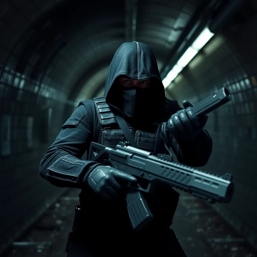 A shadowy figure in a hooded cloak, holding a gun.