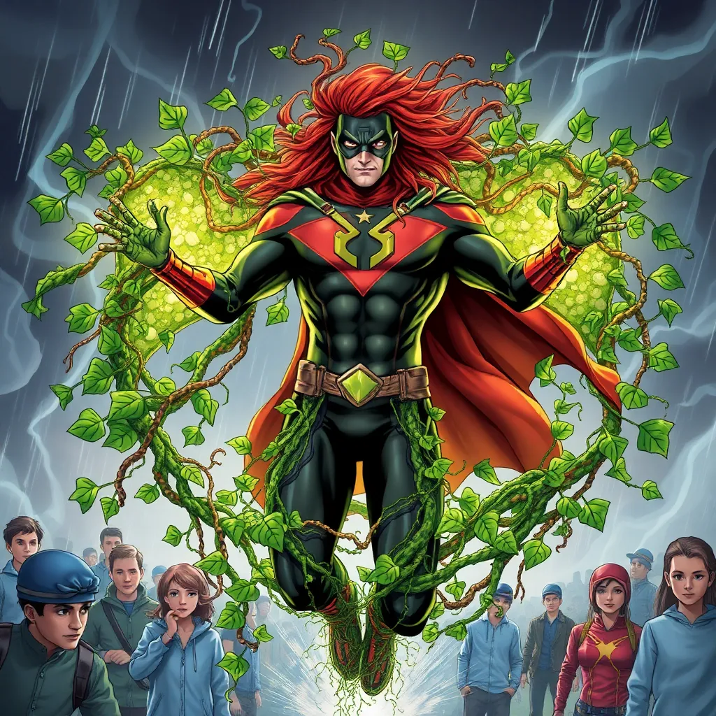 A superhero with red hair and a green and yellow suit, standing amidst vines.