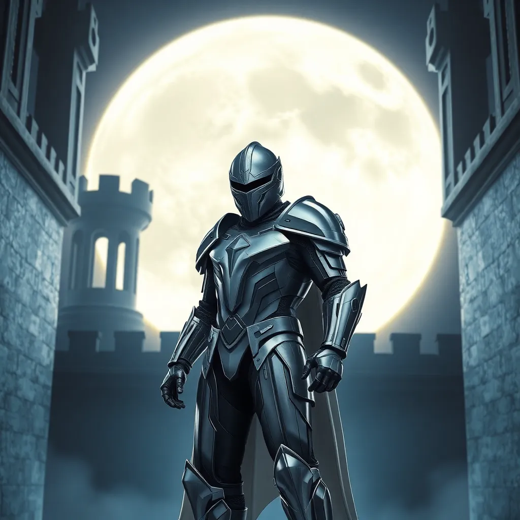 A robotic figure in a dark suit, standing in front of a castle.