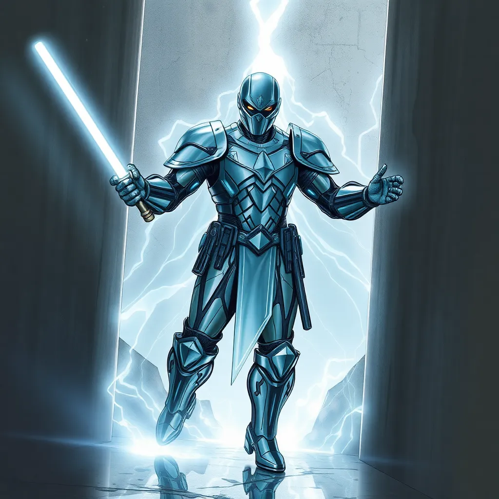 A humanoid figure in a silver suit, standing in a beam of light.