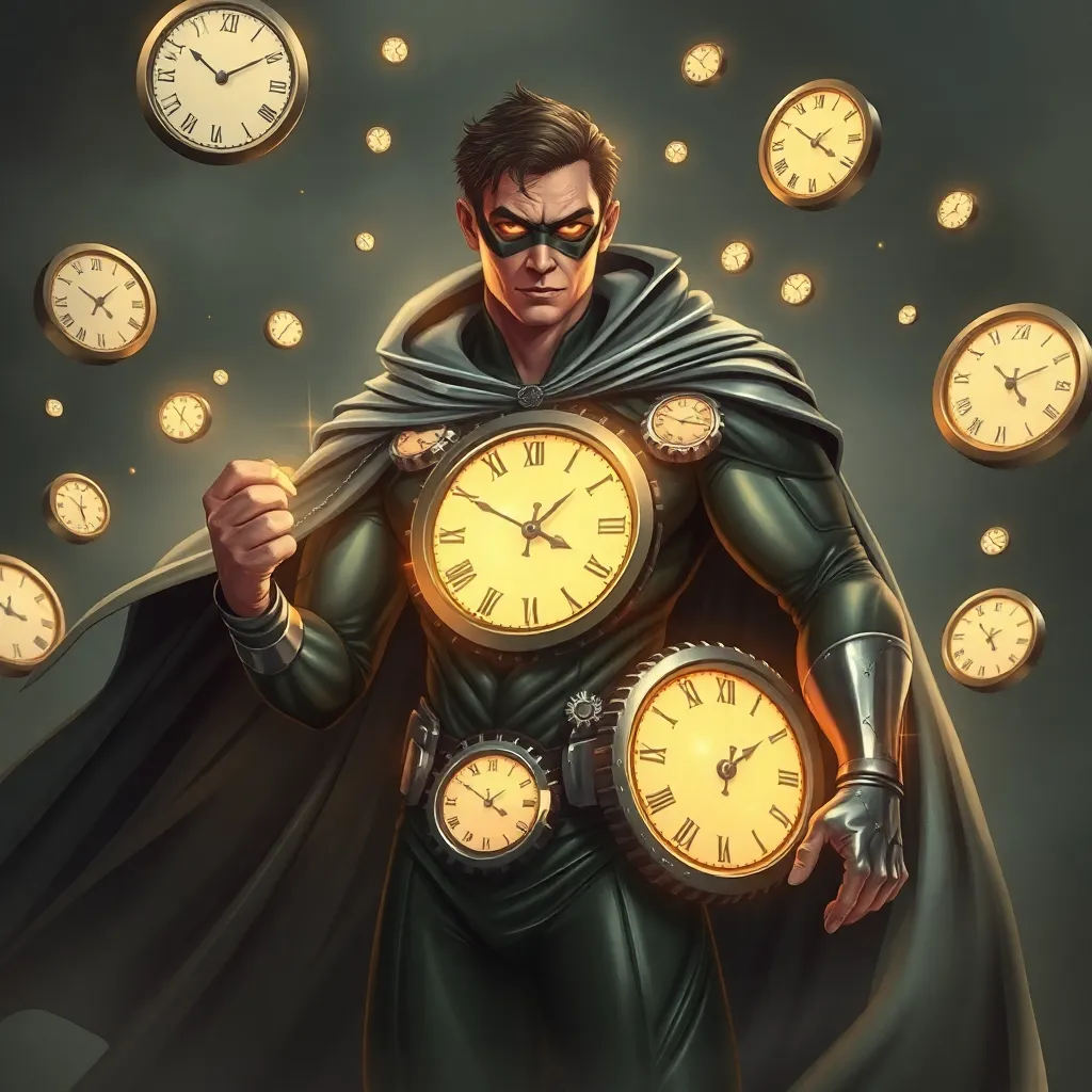 A man in a green cloak, holding a pocket watch, surrounded by glowing clocks.