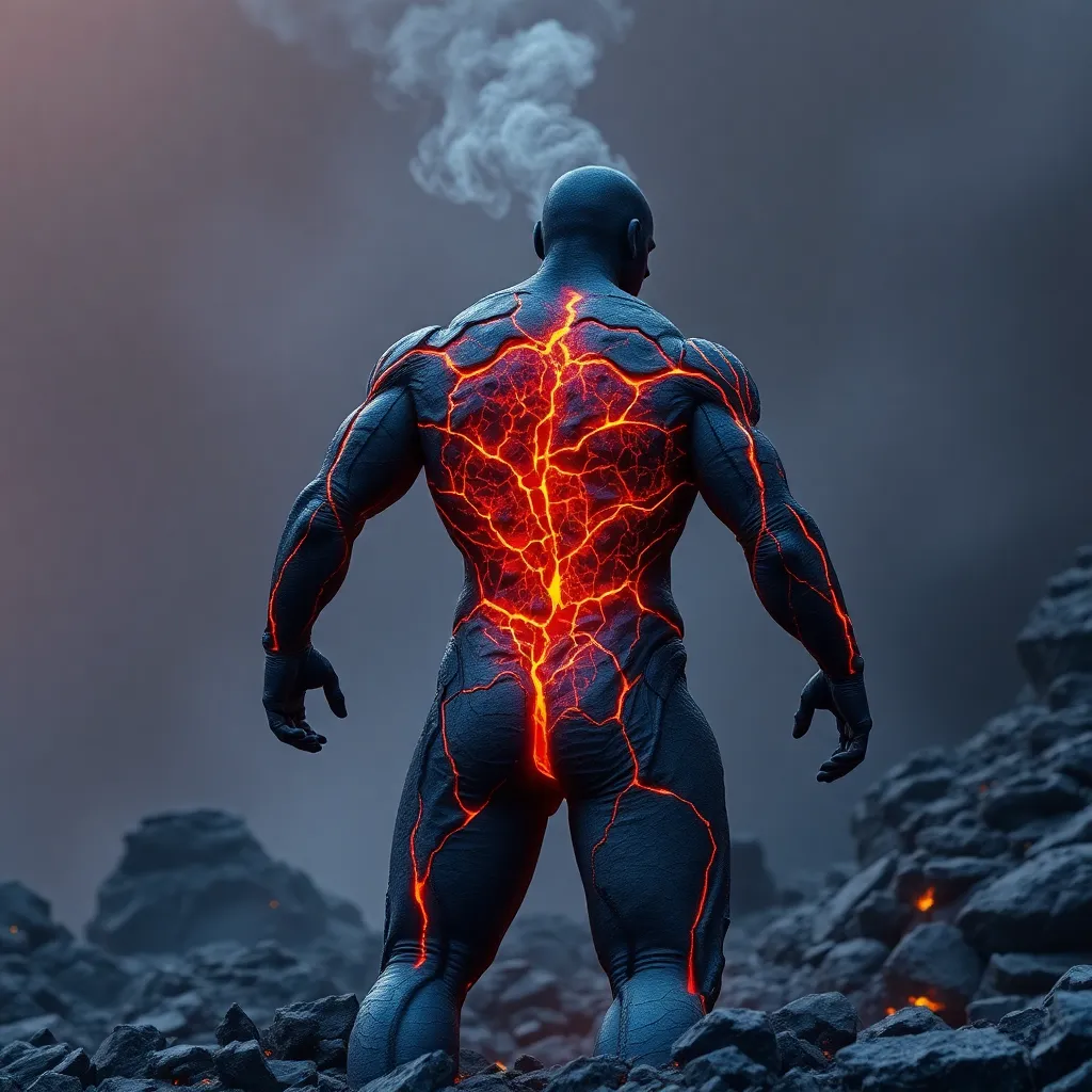 A muscular figure with glowing red veins, standing on a dark, rocky landscape.