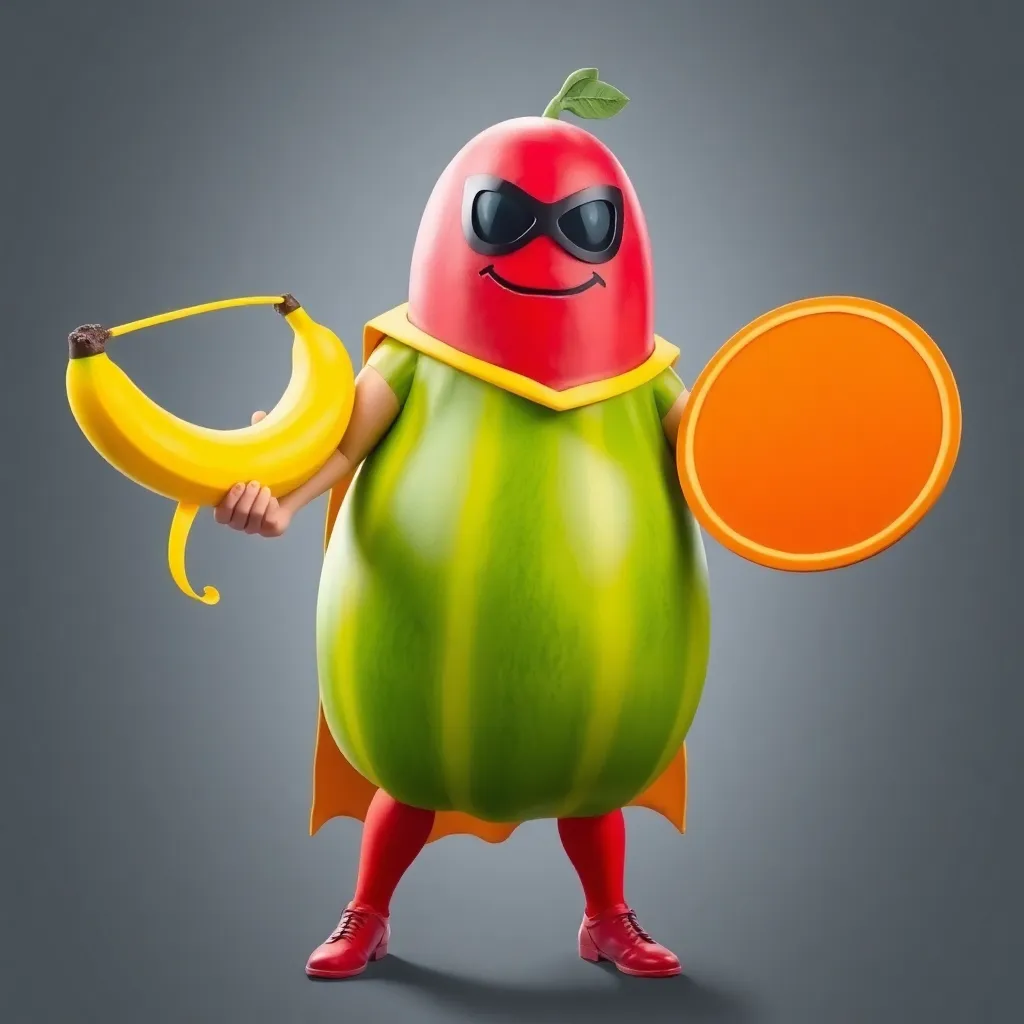 A watermelon with a banana costume and sunglasses.