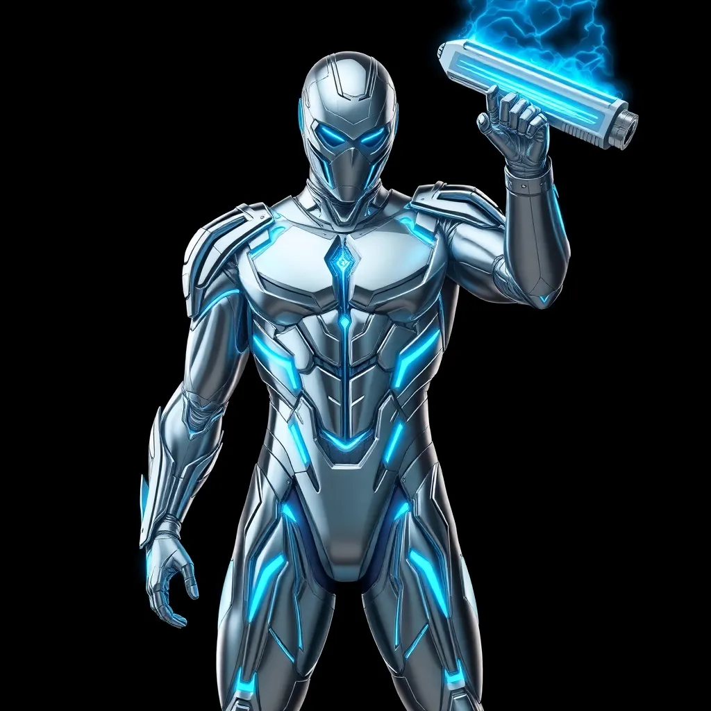 A metallic humanoid figure with glowing blue eyes, holding a weapon.