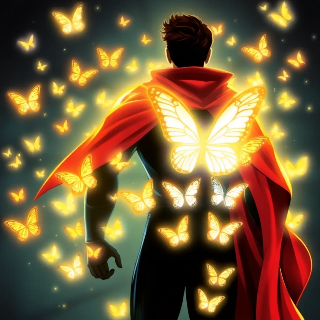 A person with glowing butterfly wings, standing in a dark background.