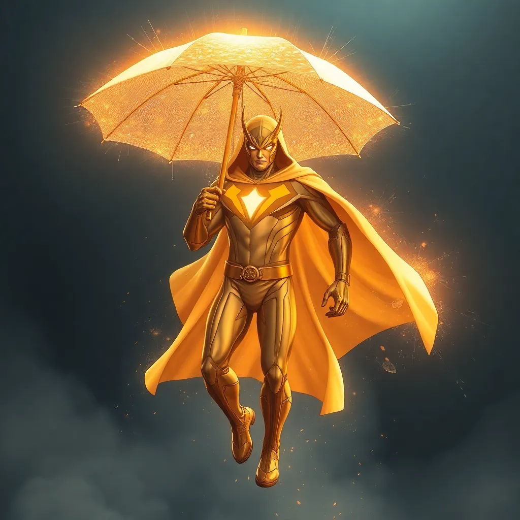 A person in a yellow suit, holding an umbrella with glowing lights.