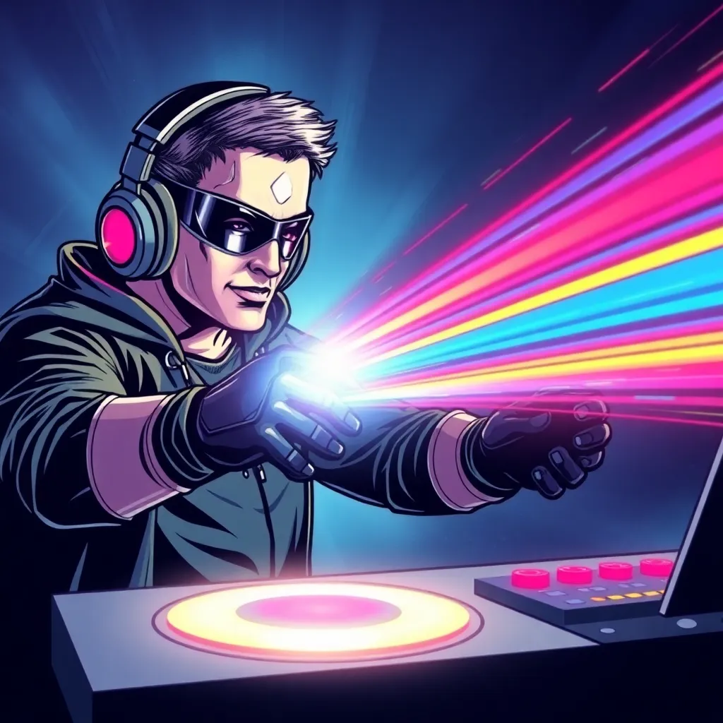 A person wearing headphones and sunglasses, playing music on a turntable, with colorful beams of light emanating from the turntable.