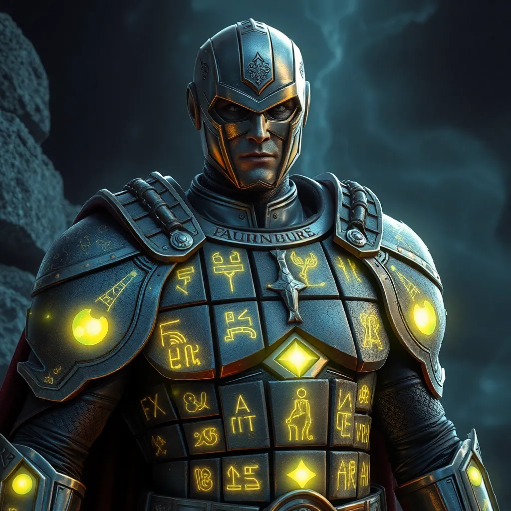 A muscular man wearing a futuristic suit, with glowing lights.