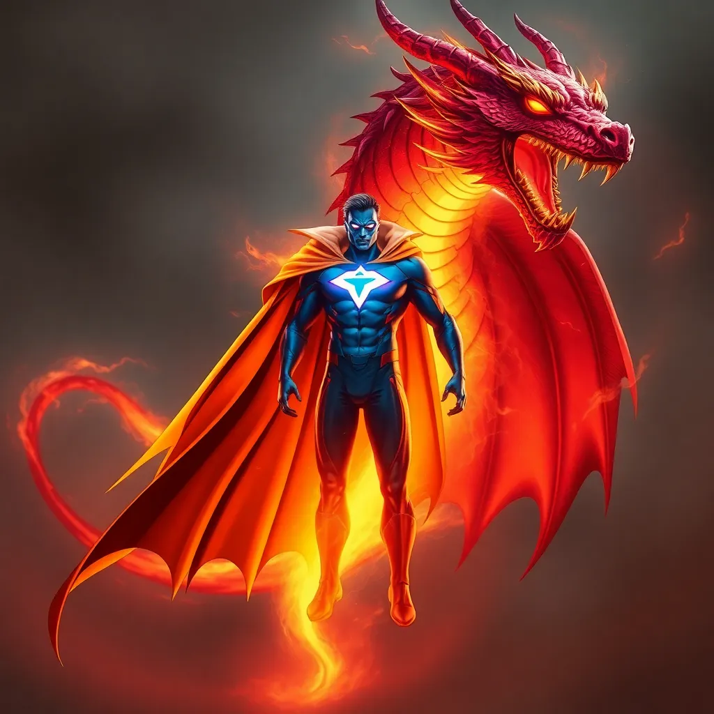 A superhero standing in front of a fiery dragon.