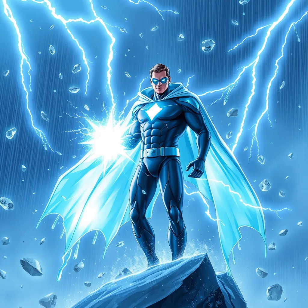 A superhero standing on a cliff, with lightning bolts surrounding him.