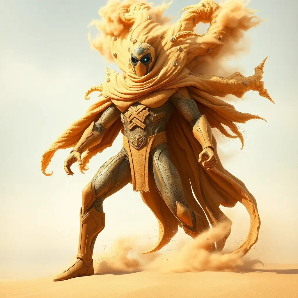 A humanoid figure with a fiery cape and glowing eyes, standing in a desert.