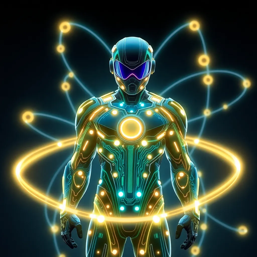 A glowing humanoid figure with energy lines connecting to a ring around it.