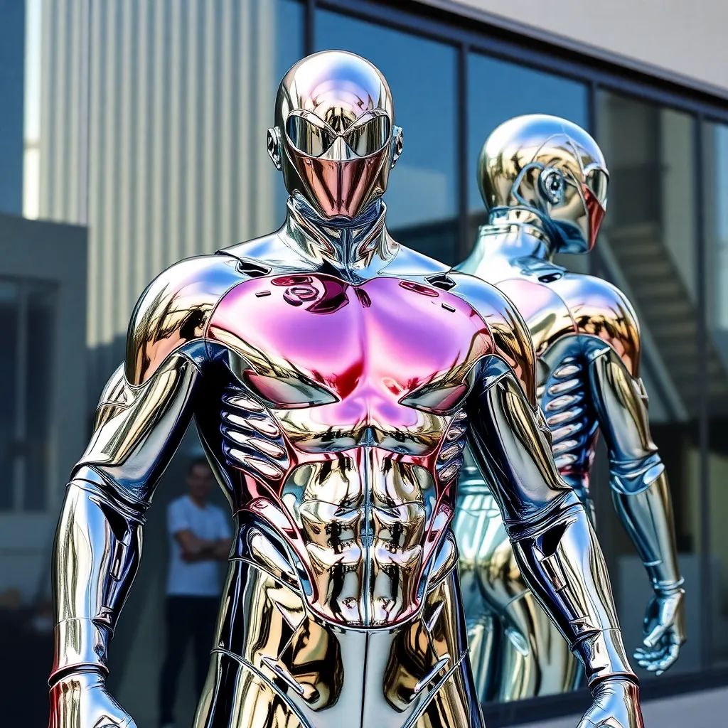 A metallic humanoid figure with a glowing core, standing in a futuristic city.