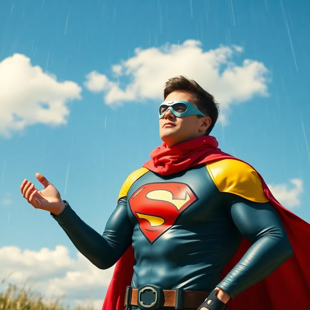 A man dressed as Superman, standing in a field.