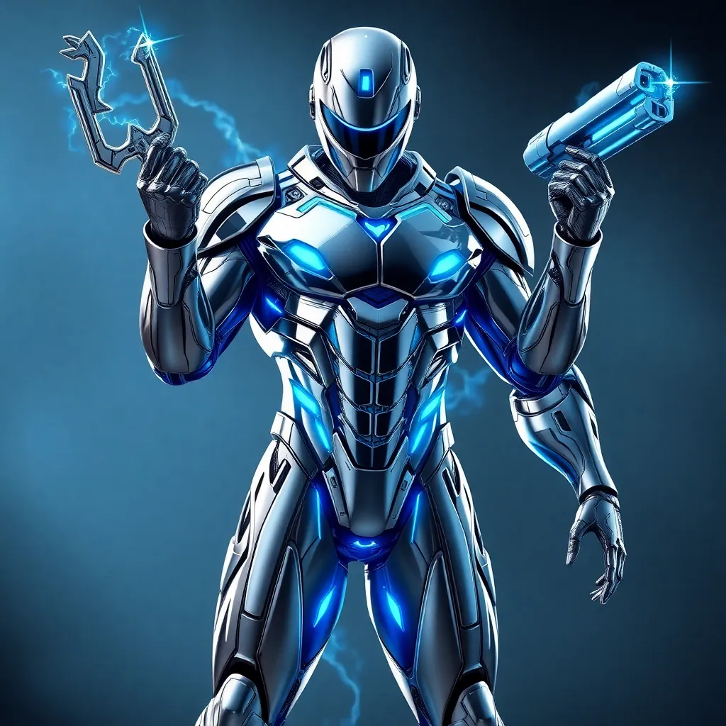 A metallic humanoid figure with glowing blue eyes, holding a gun.