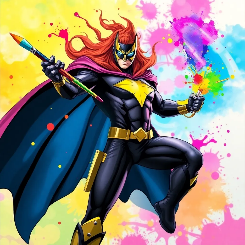 A female superhero in a colorful costume, holding a paintbrush.