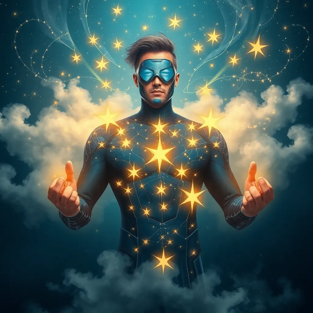 A person with glowing stars and constellations on their body.