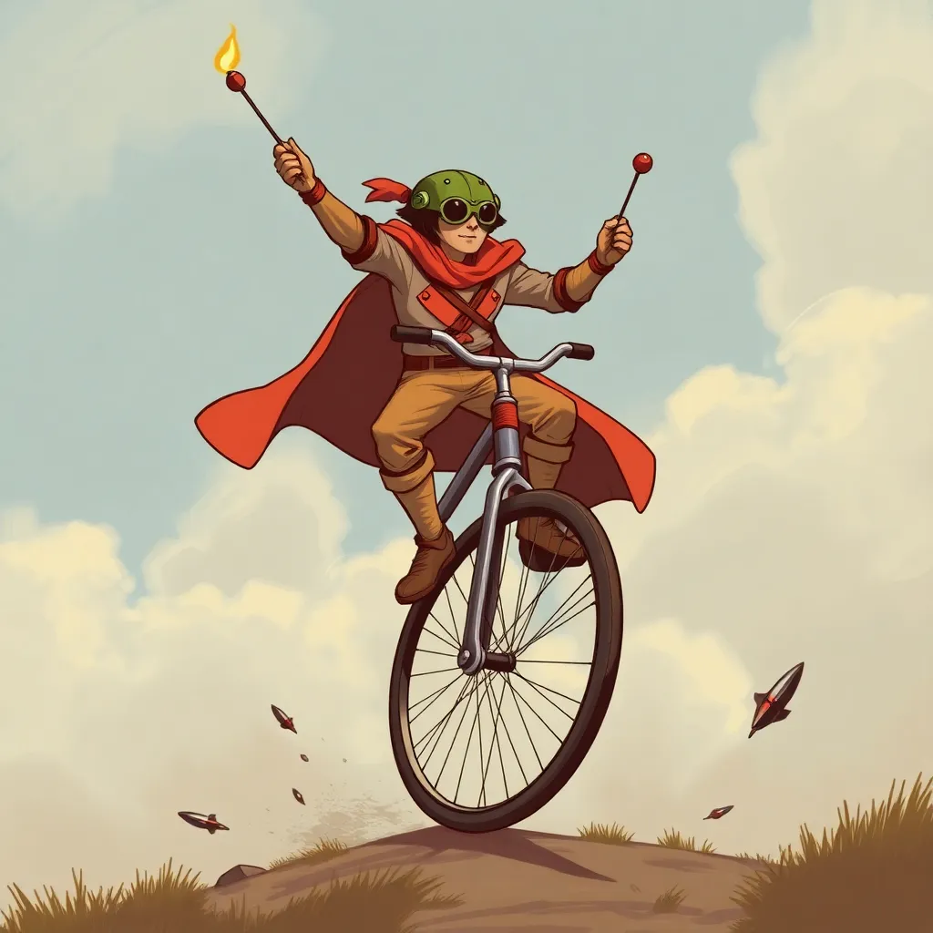 A person in a red cape, riding a unicycle through the air.