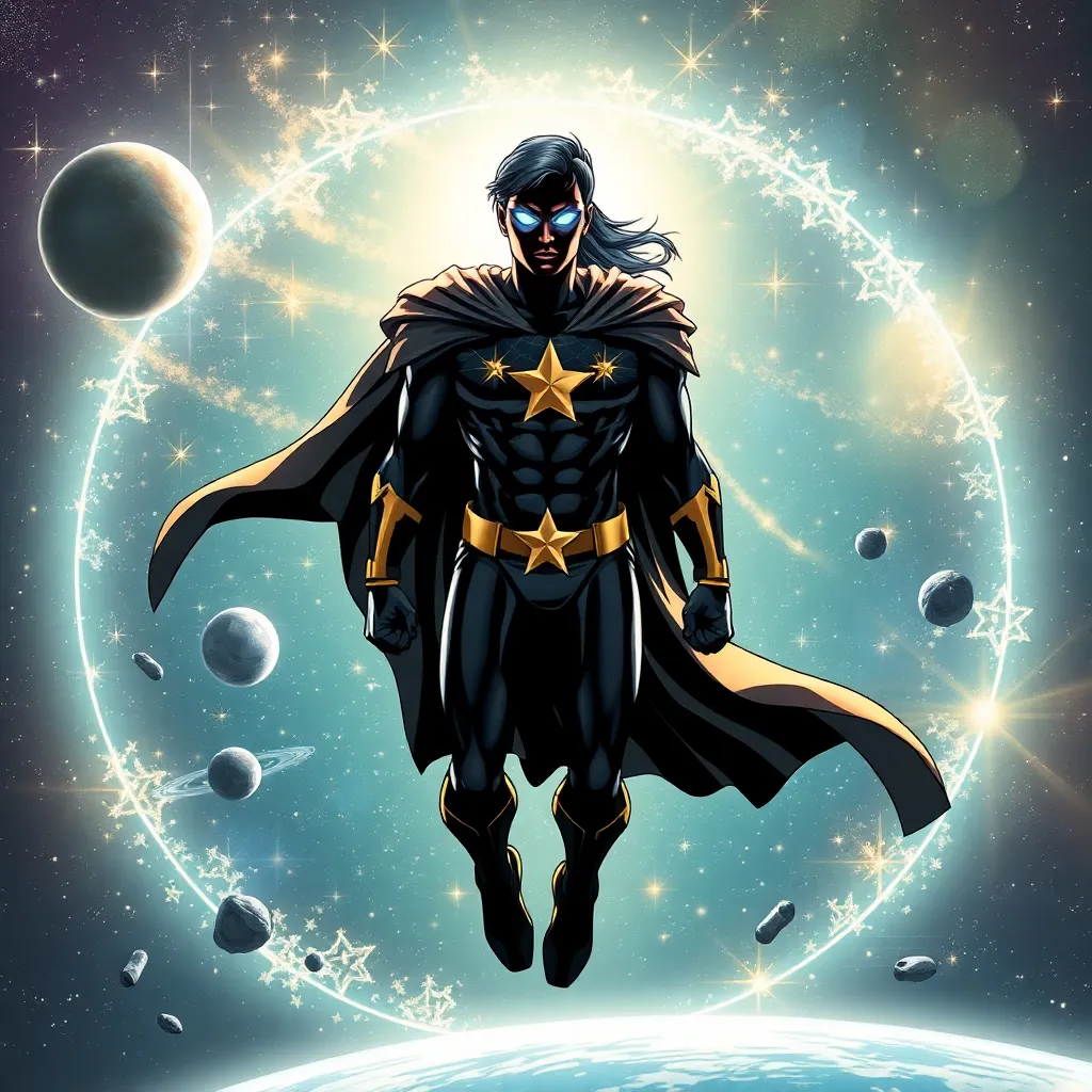 A superhero in a black cape, standing in space.