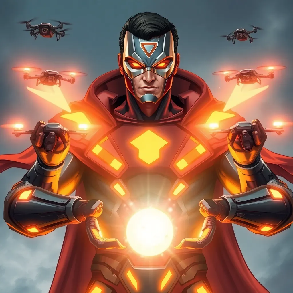 A villain in a red suit, with glowing hands and a menacing expression.