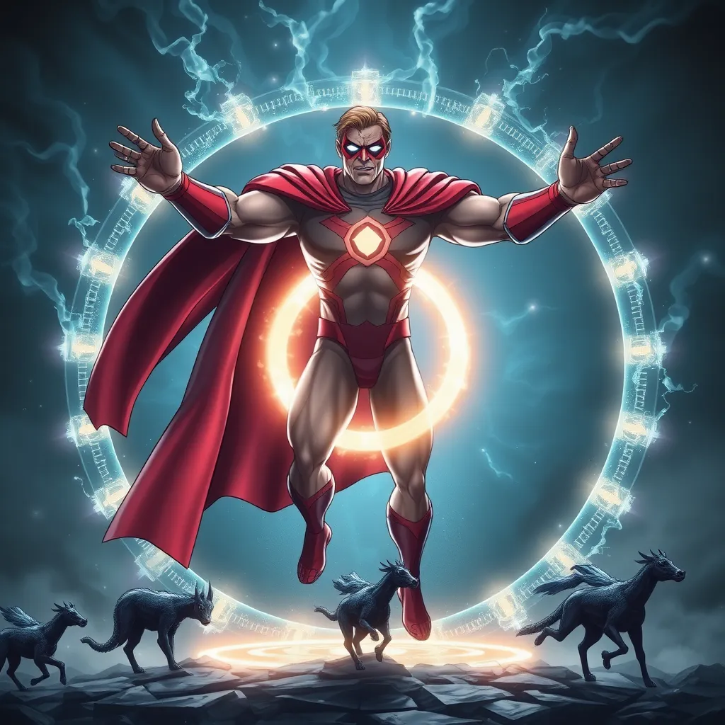 A superhero in a red and gold suit, surrounded by lightning bolts.