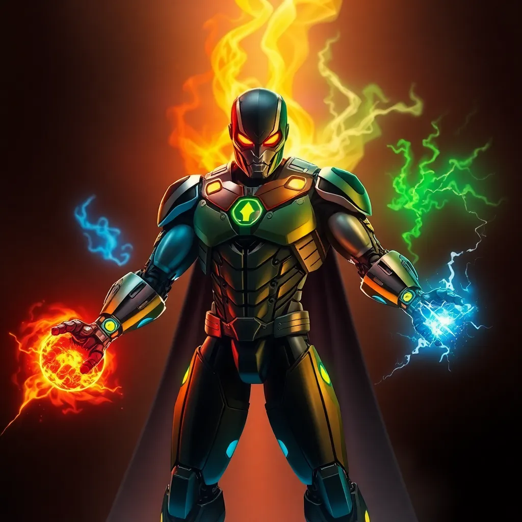 A superhero in a green and gold suit, surrounded by fire.