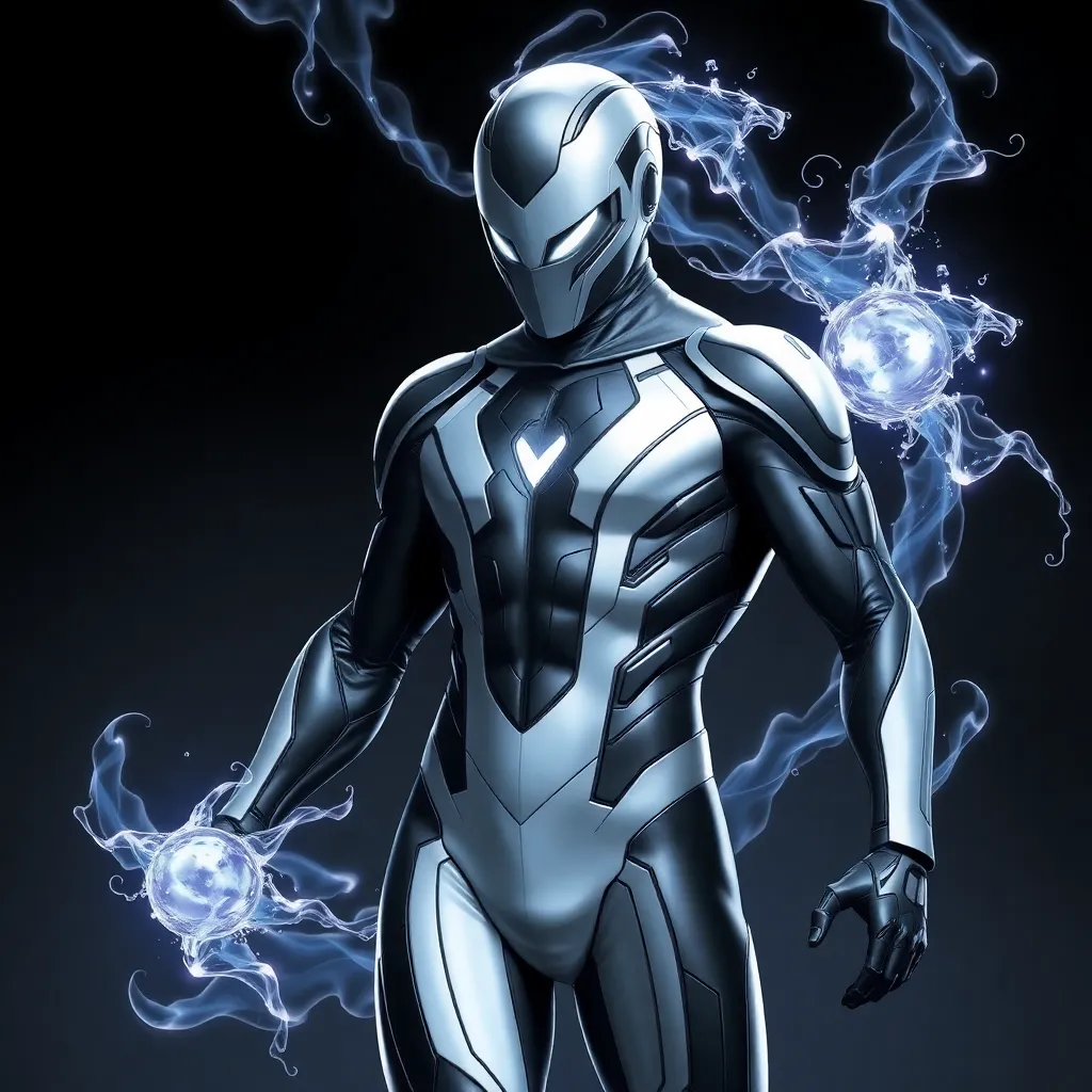 A person in a silver suit, with glowing, swirling energy around them.