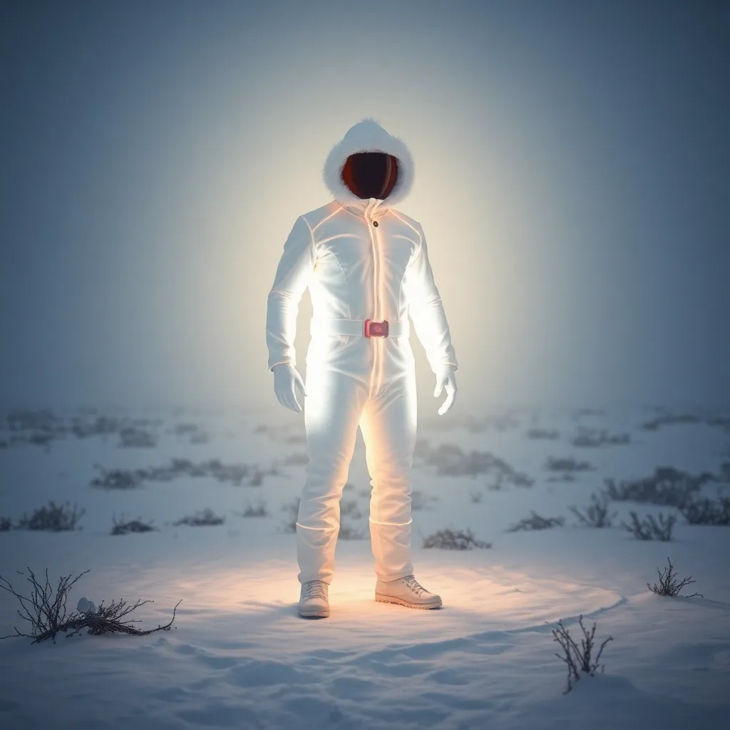 A figure in a white suit, standing on a snowy landscape.