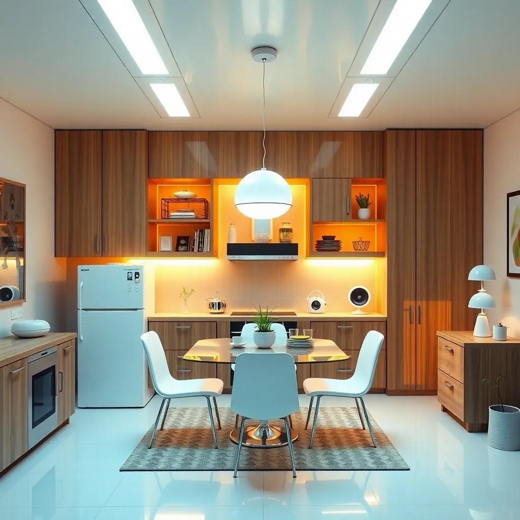 A modern kitchen with a holographic interface displaying cooking options.