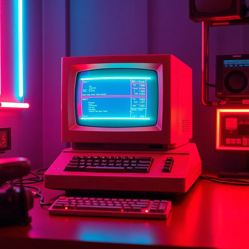 Close-up of a vintage computer monitor displaying code and a keyboard.