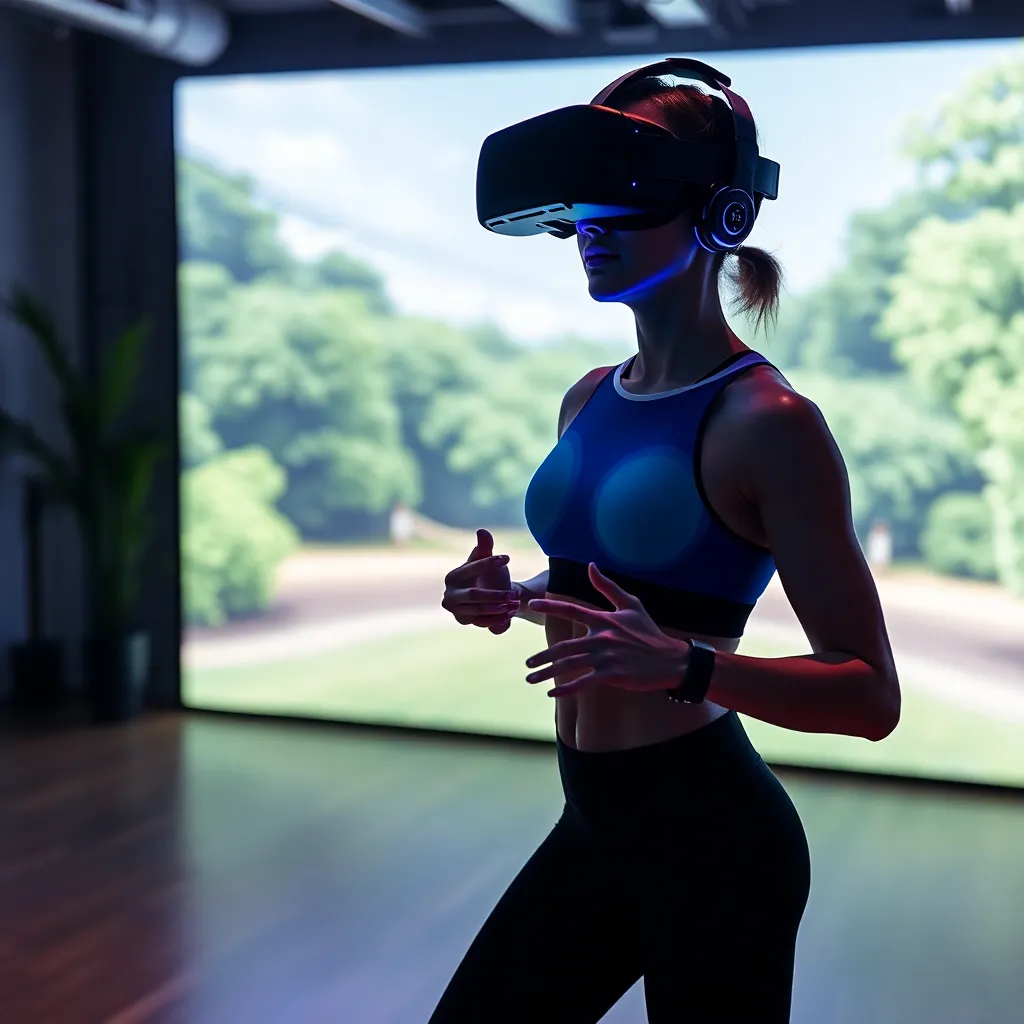 A person wearing a VR headset and holding controllers, silhouetted against a bright screen showing a tropical landscape.