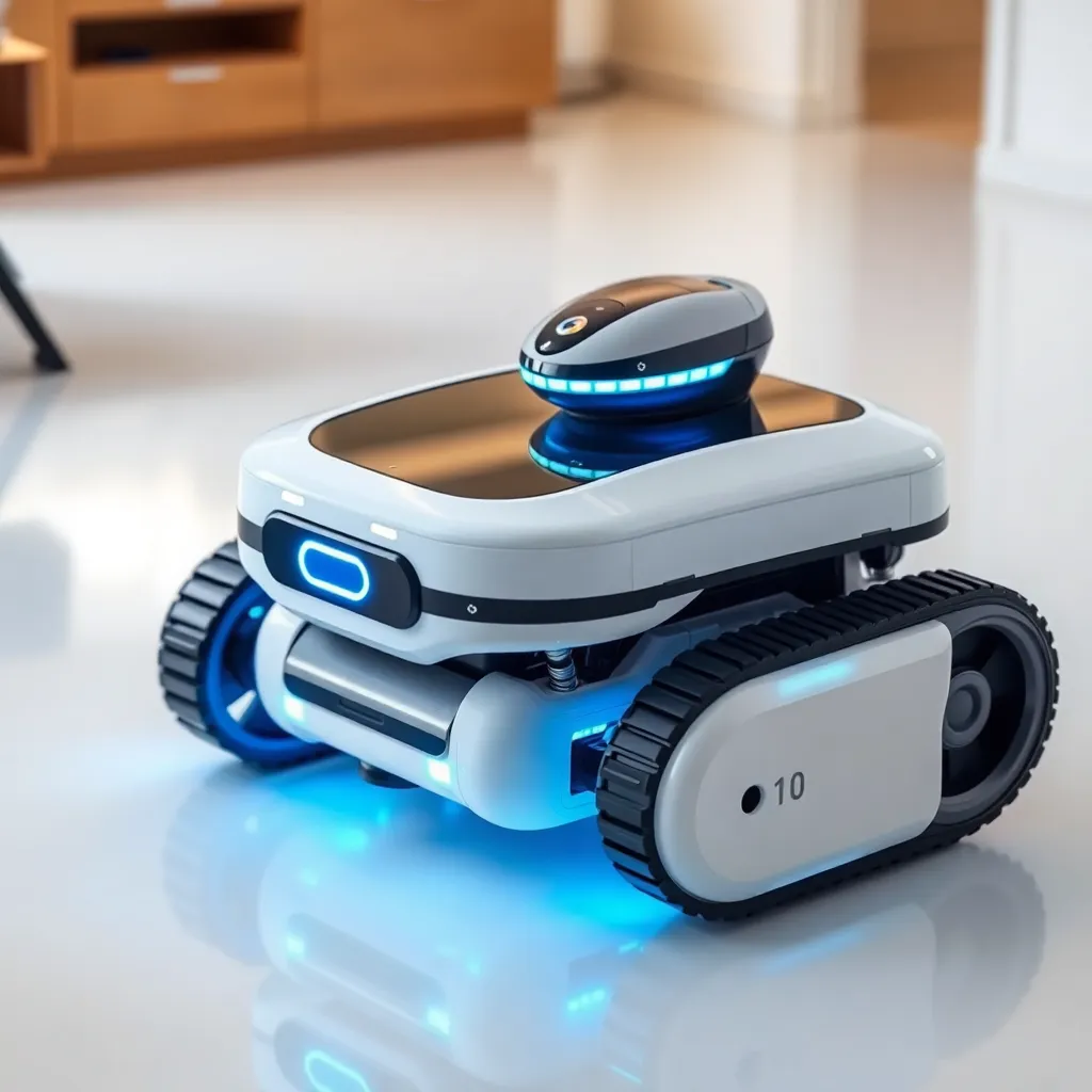 A small, white delivery robot with a blue light on top rolling on a tiled floor.