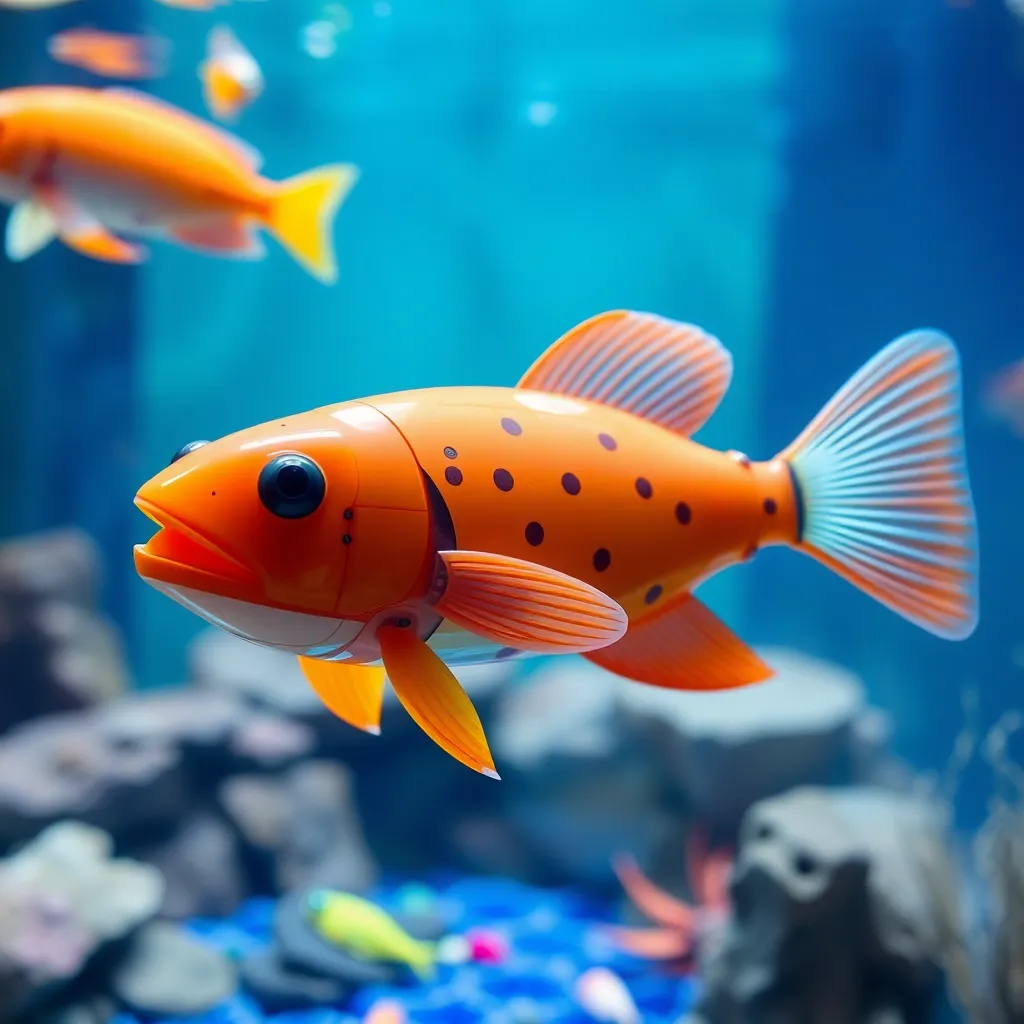 Close-up of an orange fish swimming in clear water amidst other fish and aquatic plants.