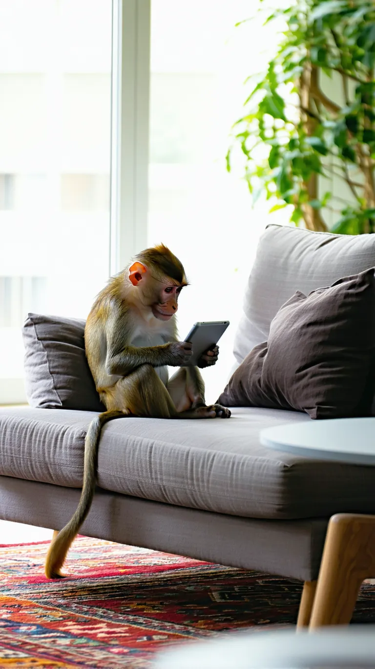 A woman sitting on a couch using a tablet with a blurred living room background.