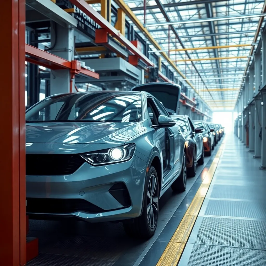 A modern car moving through a futuristic car factory with robotic arms.