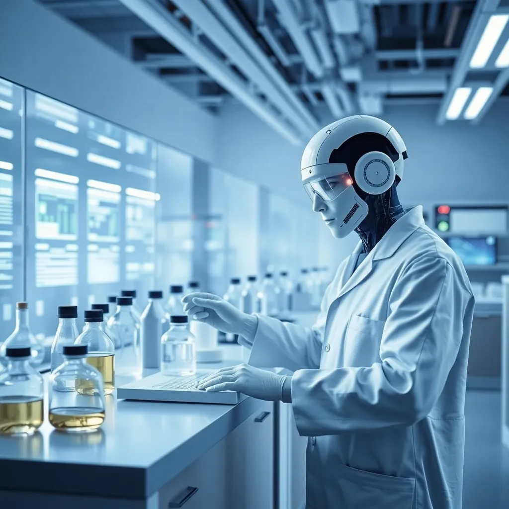 A person in a lab coat and headphones working with scientific equipment in a modern laboratory.