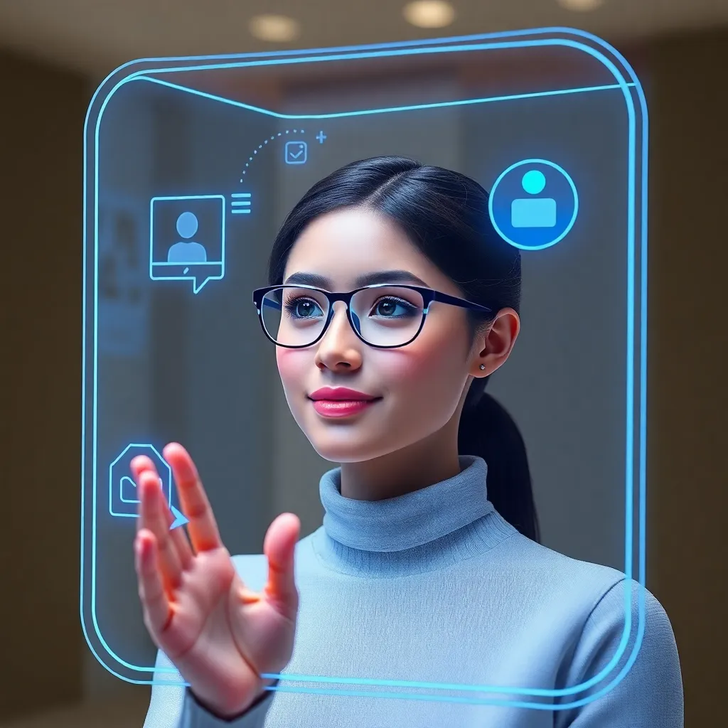 A woman interacting with a holographic display showing a user interface with profile icons.