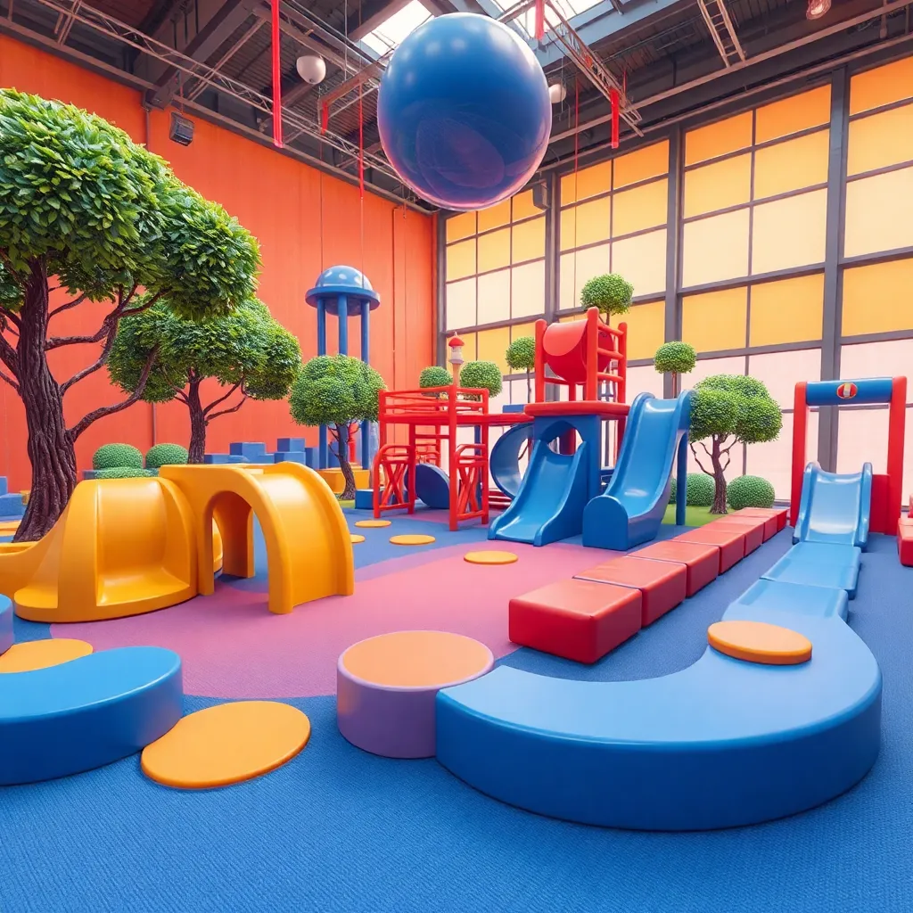 A colorful, abstract playground with geometric shapes and a vibrant design.