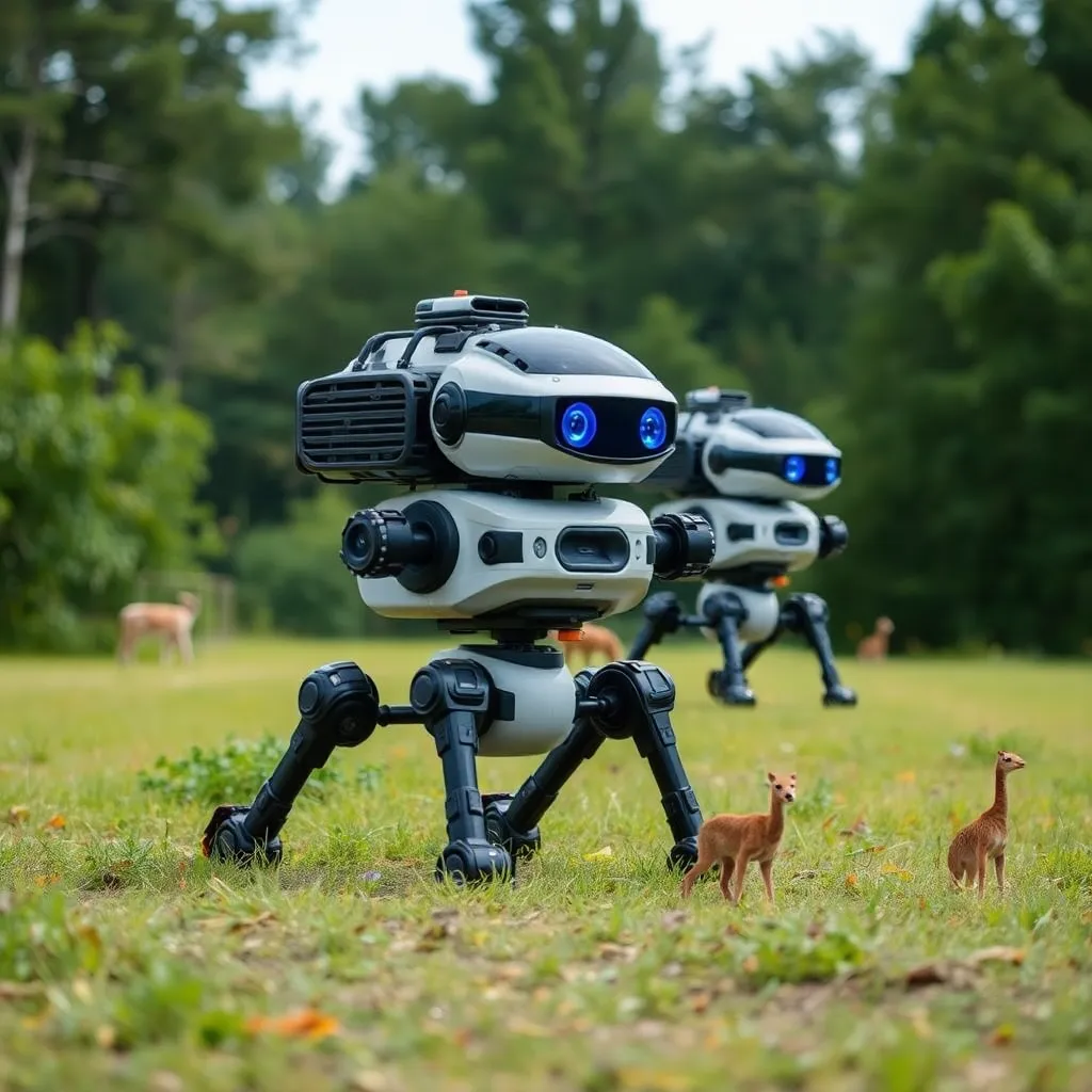 A large, mechanical robot with a complex design walking through a grassy field.