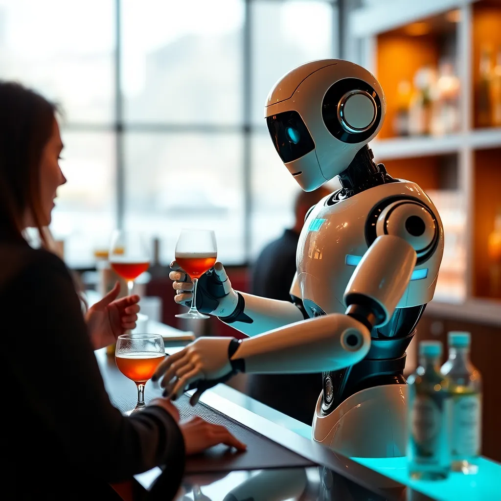 A humanoid robot serving food to a person at a table in a restaurant.