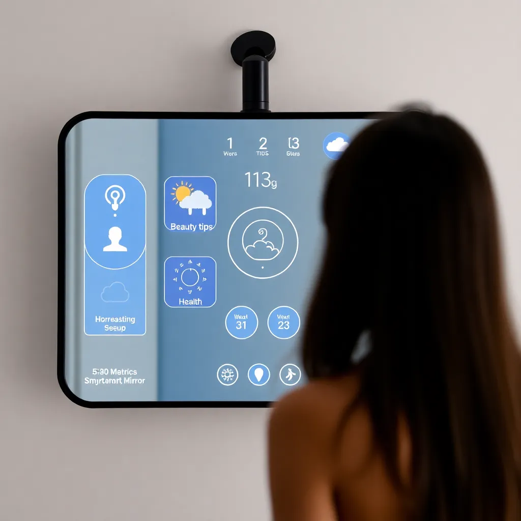 A lady looking at a wall-mounted smart home control panel displaying various icons and data.