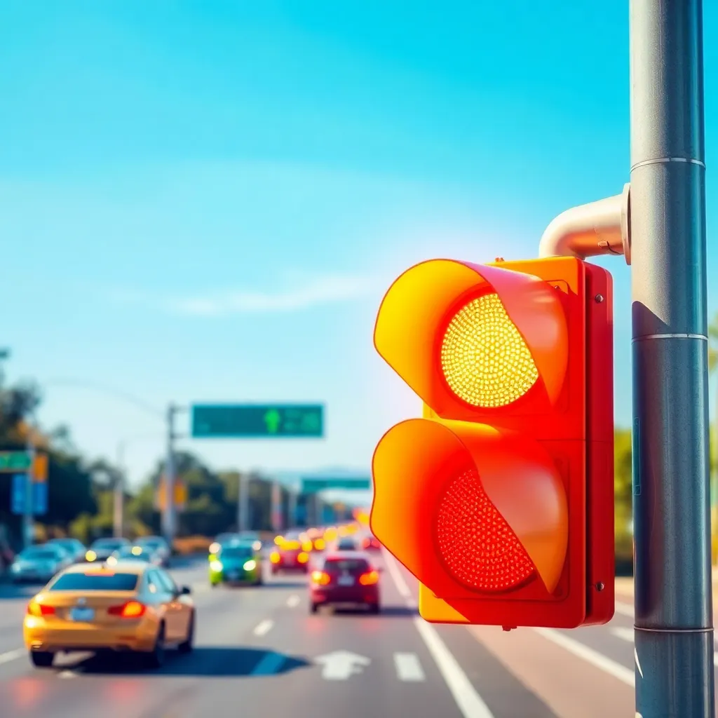 A traffic light with red and orange lights, with cars and a blurred city background.