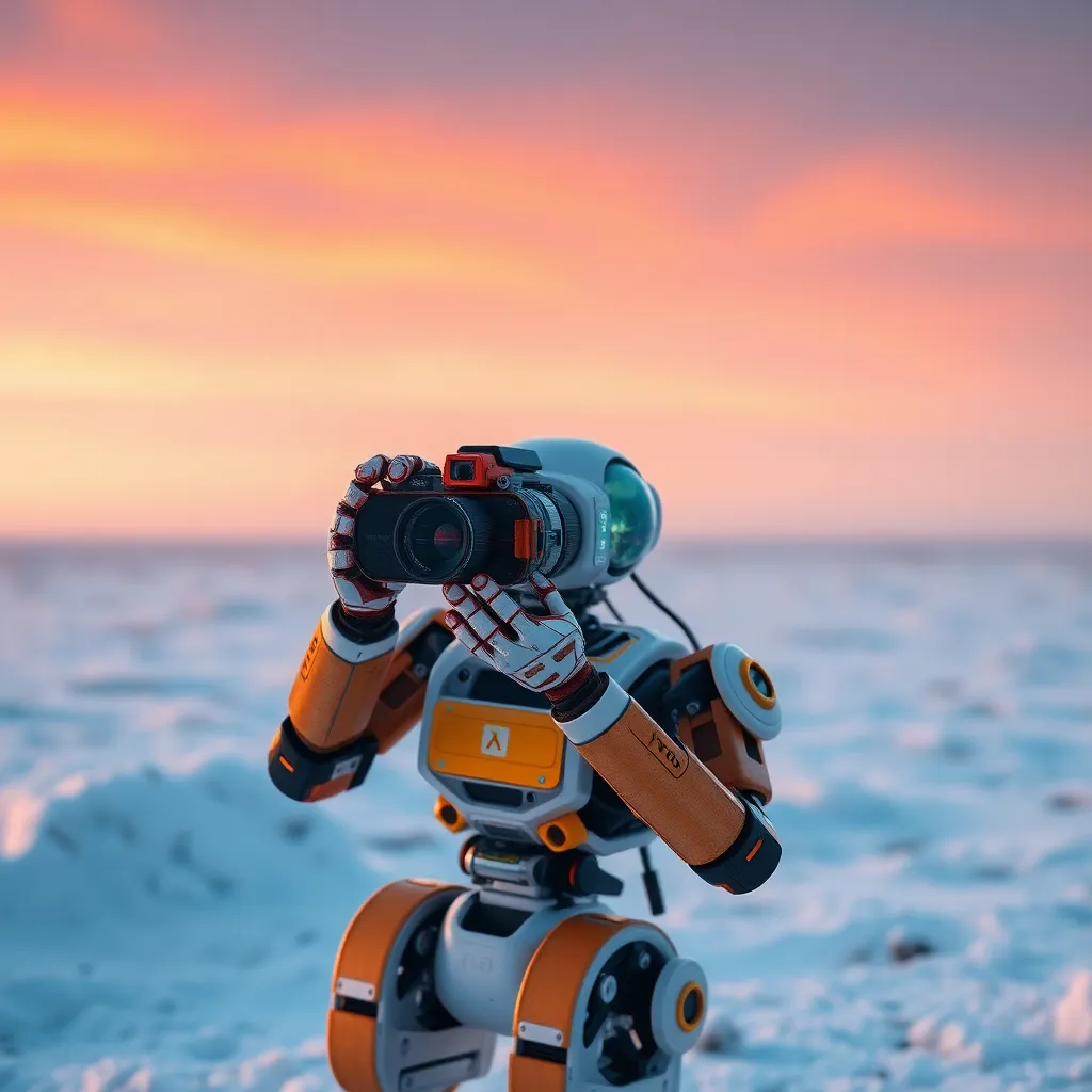 A humanoid robot standing on a rocky, orange-colored planet with a sunset in the background.