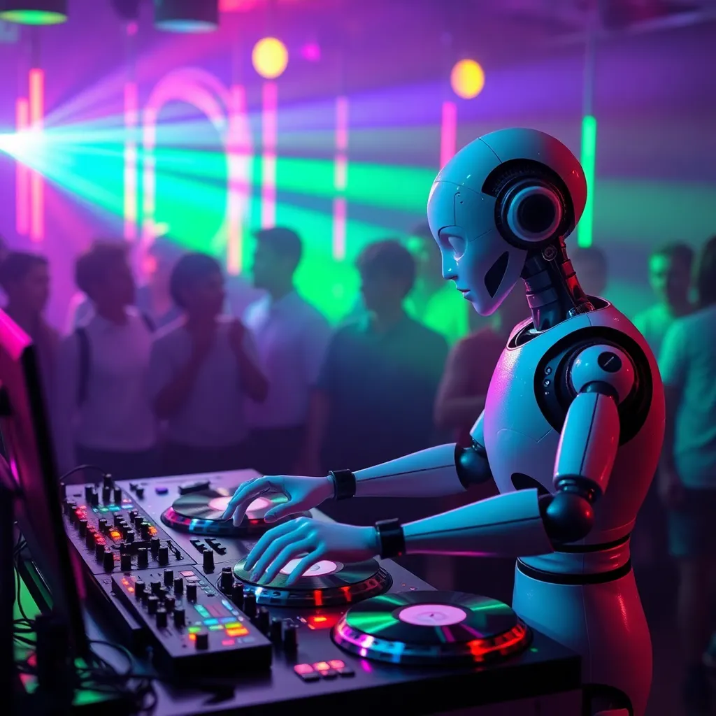 Robot DJing at a party with colorful lights and a retro computer setup.