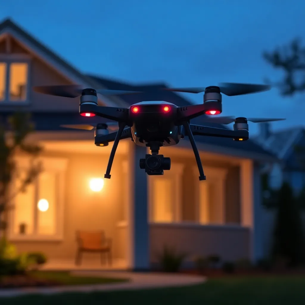 A black drone flying over a house with a yard at dusk.