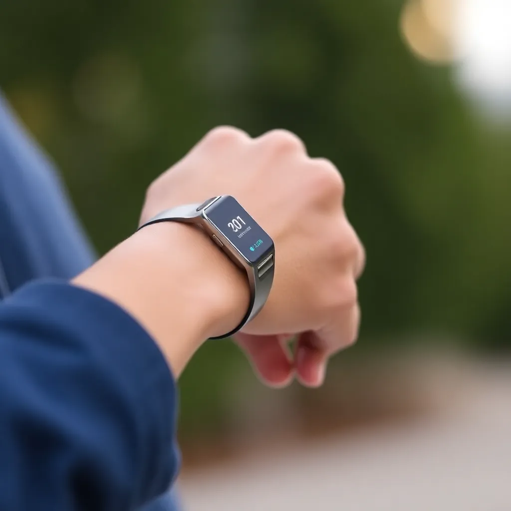 A person wearing a smartwatch with a digital display on their wrist.