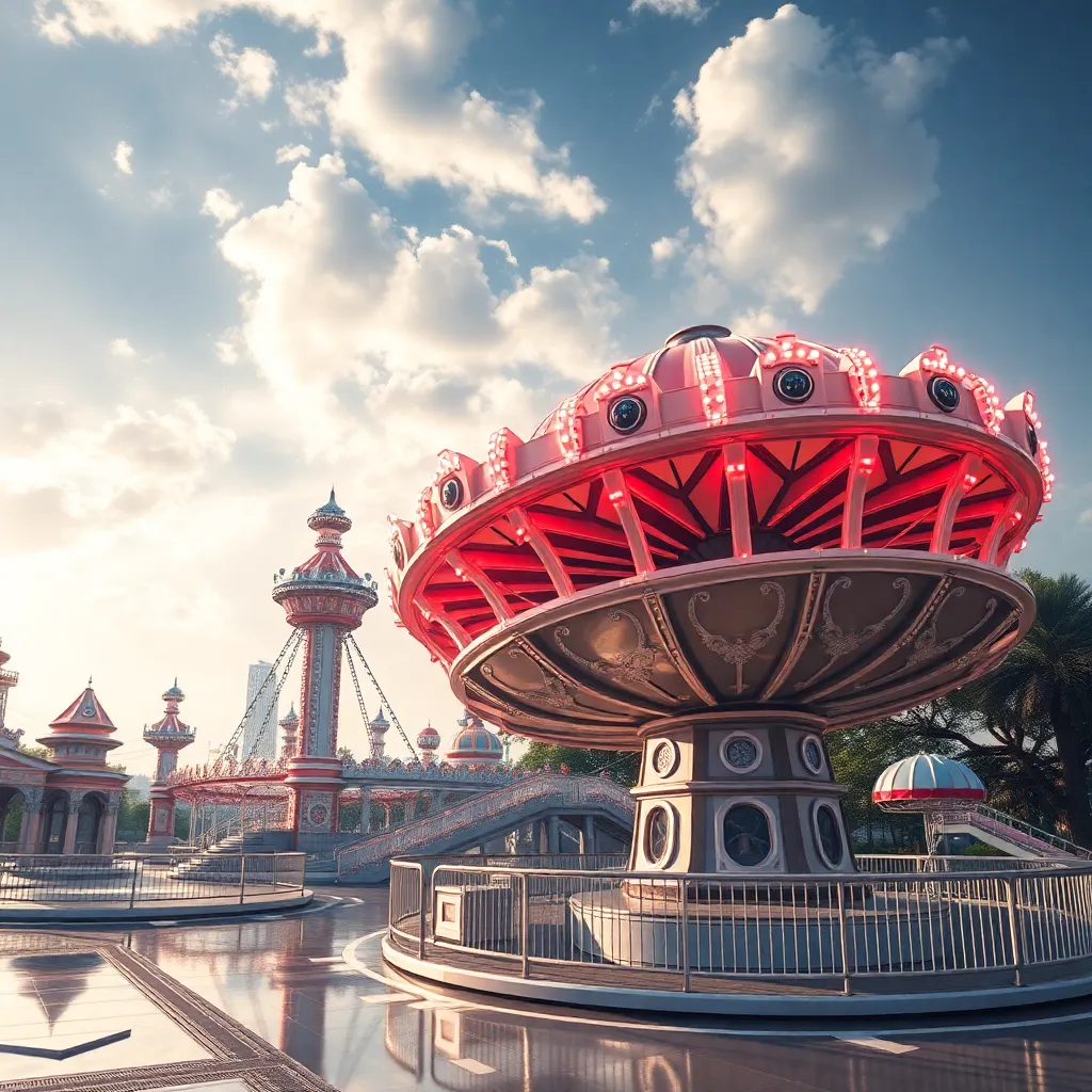 A large, futuristic structure with a red dome on top, situated in a city with unusual architecture.