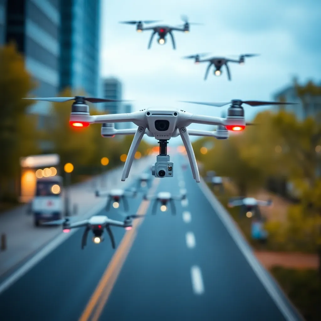 Several drones flying above a highway with cars and buildings visible in the background.