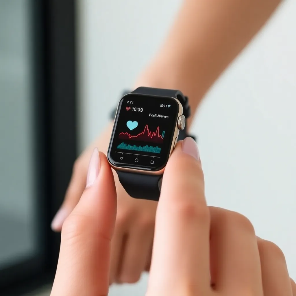 A close-up of a person's hand holding a small device with a screen displaying a heartbeat line.